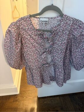 Ganni Pink and White Floral Tie-Front Puff Sleeve Top